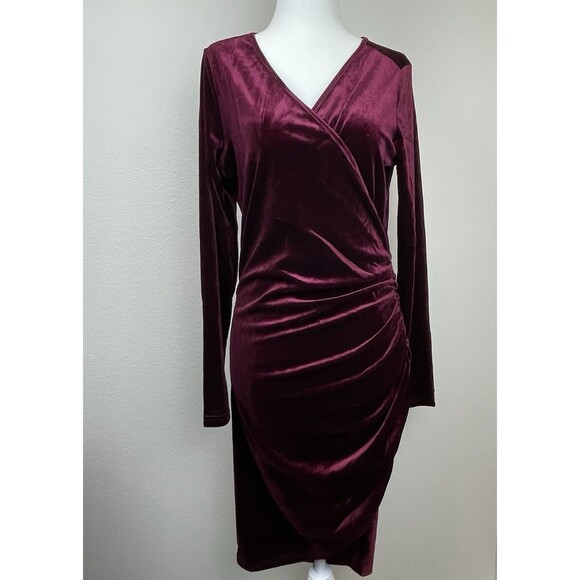 Guberry Velvet Long Sleeve Midi Dress V-Neck Party Holiday Classic -L - Picture 1 of 8